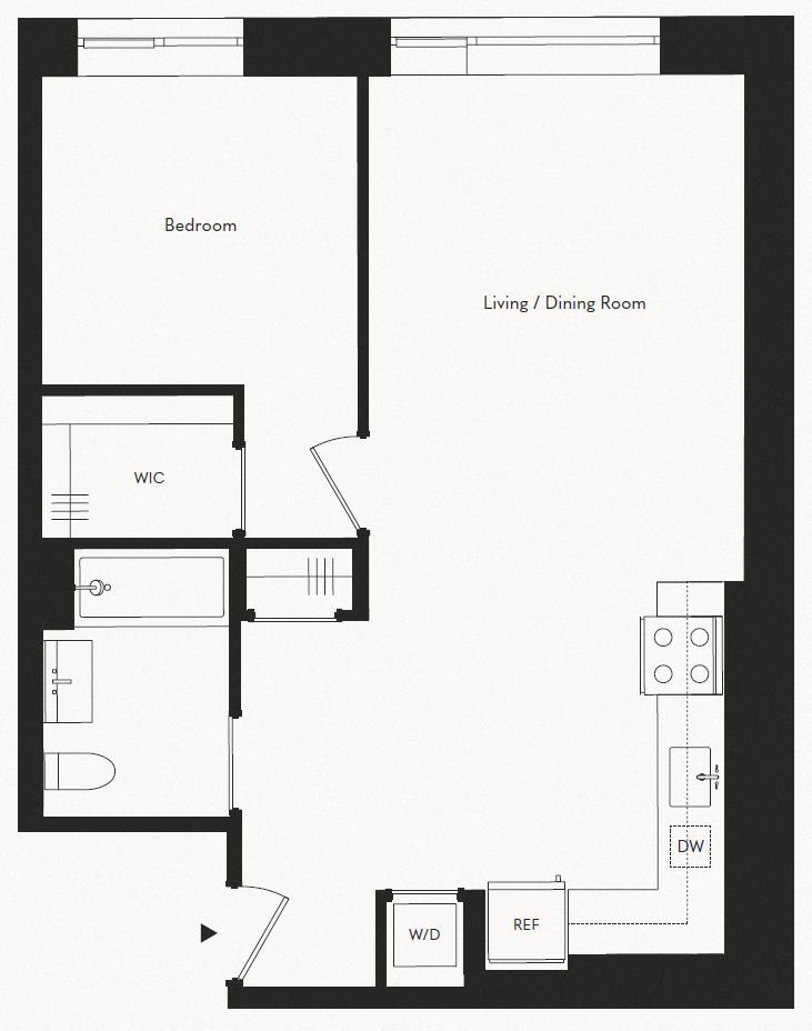 Floor plan for 1 bed, 1 bath, 739 sqft